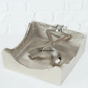 Hot Sell Metal Napkin Holder Square Shape Paper Holder for Hotel Dinner Table <b>Spoon</b> and Fork Design Silver Color - Product Image 1