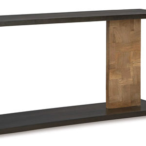 Table d'appoint architecturale unique, présentoir rectangulaire à étagère ouverte, décoration de salon, finition bois mélangé - Product Image 1