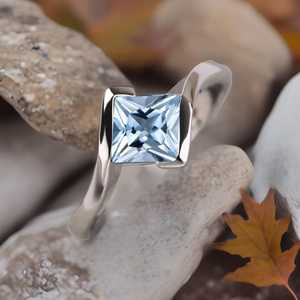 Princess Cut Aquamarine Ring Vintage Unique Engagement Ring Rose <b>Gold</b> Princess Cluster Bypass Wedding Ring - Product Image 1