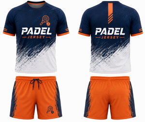 Ensemble de maillots de padel pour hommes, manches courtes, vêtements de sport, tissu respirant, imprimé dégradé, vêtements de tennis, orange marine, col rond - Product Image 1