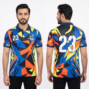 Maillot de cricket personnalisé Australie, col polo, sublimation, uniforme d'équipe, séchage rapide, respirant, design bleu-orange, OEM - Product Image 2
