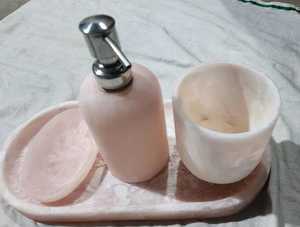 Handmade Resin Bathroom Essentials <b>Set</b> 4 Pieces Peach Color Soap Lotion Dispenser Toothbrush Holder Soap Tray Vanity <b>Plate</b> Bath - Product Image 3