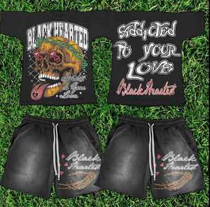 BlackHearted Streetwear <b>Knitted</b> TShirt Shorts <b>Set</b> Skull Print Crew Neck Summer Casual Unisex White Cotton Breathable Drawstring - Product Image 2