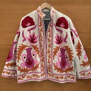 <b>Women</b> Beige Embroidered Floral Velvet Suzani <b>Jacket</b> With Stand Collar Bohemian Full Sleeve <b>Women's</b> <b>Spring</b> Outerwear - Product Image 1