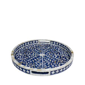 Plateau de service rond fait main en nacre avec incrustations, motif floral bleu et blanc, plateau décoratif de luxe pour la maison, plateau en os incrusté - Product Image 1