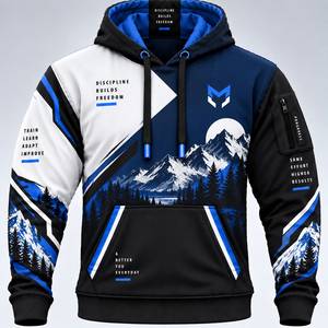 Men's <b>Navy</b> Blue Hooded <b>Sweatshirt</b> Geometric Print Breathable Regular Fit Casual Sportswear with Front Pocket and Logo - Product Image 3