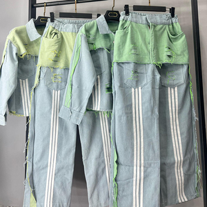 Unisex Streetwear Denim Tracksuit Set Green Star <b>Patchwork</b> <b>Jacket</b> Pants Full Sleeve Regular Fit Autumn Casual Wear Eco-Friendly - Product Image 6
