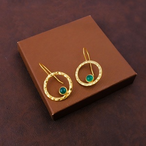 Handmade Bohemian Fashion Dangle <b>Earrings</b> Natural Green <b>Onyx</b> Round Hoop Gold Plated Textured Gemstone Jewelry for Women - Product Image 5