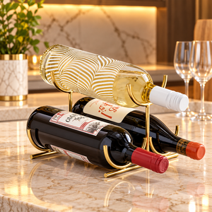 Multiuse Wine Rack Gold Metal Bottle Stand with <b>Glass</b> Hanging Slots 5 Bottle Countertop <b>Holder</b> for Home <b>Bar</b> Kitchen Storage - Product Image 3