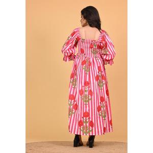 Robe longue maxi bohème 100% coton imprimé au bloc, écologique, pour femme, smockée, style indien, idéale pour les fêtes estivales - Product Image 4