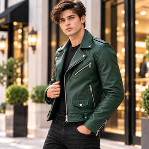 Chaqueta de Motociclista de Cuero Verde para Hombre, Chaqueta de Motociclista de Cuero Vacuno Genuino, Corte Ajustado, Estilo Vintage Punk Rock, con Cierre - Product Image 4