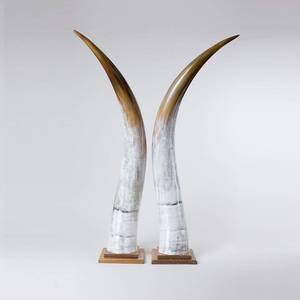 Natural Buffalo Horns Decorative Pair Rustic Tabletop Vase Antique Weathered Wood Base 2Pcs long design - Product Image 1