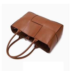 Brown <b>Woven</b> Tote <b>Bag</b> Large Capacity Shoulder Handbag Zipper Closure Genuine <b>Leather</b> for Travel Shopping - Product Image 3