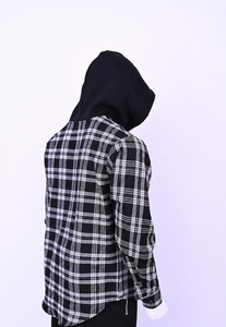 Wholesale Custom Men's Black White Plaid Hooded Flannel Long Sleeve Snap Button Casual Autumn Eco-Friendly Quick Dry OEM - Product Image 4