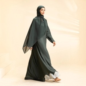 Women's Dark Green Polyester Breathable Loose Fit Abaya Long Sleeve Floor Length Straight Hem Applique <b>Modest</b> <b>Dress</b> Middle East - Product Image 1