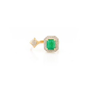 Anillo de Boda Abierto con Halo de Diamantes y Esmeralda en Oro Amarillo K18 Real de Primera Calidad, Diseño Único, Joyería Hecha a Mano al por Mayor - Product Image 1