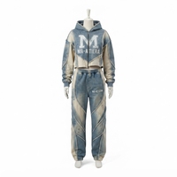 Ensemble de survêtement deux pièces pour femme : sweat à capuche court brodé uni délavé avec fermeture éclair et pantalon de jogging large avec ceinture