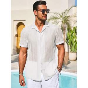 2025 camisa informal de manga corta con botones para hombre 100% algodón cuello cubano verano playa ahueca hacia fuera Tops tamaño 6XL ODM suministro - Product Image 1