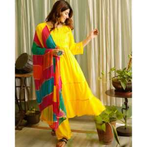 Ensemble de salwar kameez décontracté en rayonne jaune safran, taille XS, Inde, Pakistan - Product Image 5