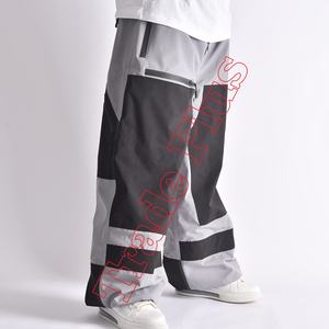 Men's Two-Tone Grey And Black Oversized Snow <b>Pants</b> With Zipper <b>Cargo</b> Pockets And Elasticated Bottoms - Product Image 1