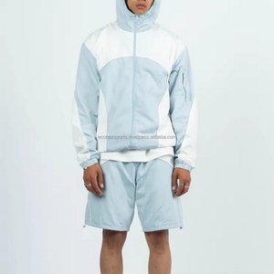 Custom Embroidery Print Logo Two-Piece Set Breathable <b>Nylon</b> Windbreaker Tracksuit Solid Color Block Hooded Jacket Washed - Product Image 5