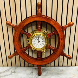 Horloge murale nautique vintage en bois antique de 18 pouces avec hublot et roue de bateau polie pour la décoration de la maison et du bureau - Product Image 1