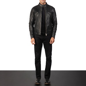 Black Men's Biker Jacket Cow Skin Aniline <b>Quilted</b> Nylon Lining <b>Single</b> Button Closure Winter Season PU Pockets Breathable - Product Image 2