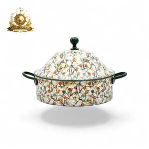 Colorful Floral Cooking Pot With Lid White Background Multicolored Flower Pattern Dark Green Handles Premium Kitchenware - Product Image 1