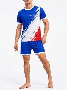 Ensemble de maillots de football pour hommes, bleu, blanc, rouge, sublimé, manches courtes, col rond, polyester respirant, logo personnalisé sur le devant - Product Image 5