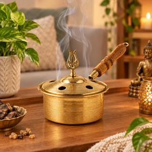 Quemador de incienso de latón con mango de madera, Dhoop Dani, incensario portátil, soporte para carbón y Bakhoor, olla con tapa perforada, decoración para templo y hogar - Product Image 3