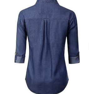 Camisa de Mezclilla para Mujer, con Botones, Manga Tres Cuartos, Color Sólido, Blusa Casual con Bolsillos, Corte Regular - Product Image 2