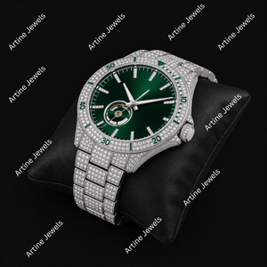 Montre automatique à cadran vert et diamants |   Montre squelette de luxe entièrement sertie de pierres - Product Image 3