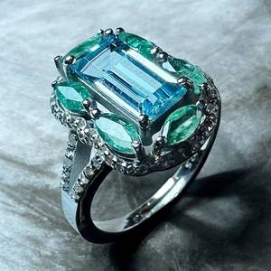 Natural Blue Topaz <b>Emerald</b> Gemstone with Round Brilliant Cut Diamond 925 Sterling <b>Silver</b> Rhodium Plated Minimalist Cocktail <b>Ring</b> - Product Image 4