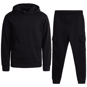 Ensemble de jogging en molleton 100% coton pour adolescents - 2 pièces, sweat-shirt à capuche grande taille et pantalon cargo avec taille élastique - Product Image 4