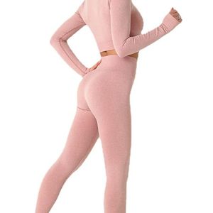 Soft Buttery Yoga Leggings Set Long Sleeve Top High Waist Seamless Gym Wear Light Pink High Waist Gear Flexible Yoga Set - Product Image 3