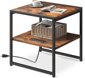 Rustic Brown Square Side Table with USB Ports & Outlets, Versatile Mini Fridge Table <b>Printer</b> <b>Stand</b>... - Product Image 1