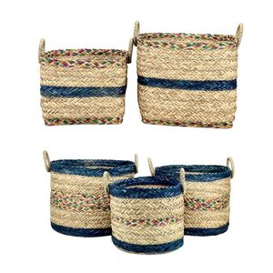 BANDED STRIPE <b>Large</b> Wicker Laundry <b>Basket</b> Seagrass Herringbone <b>Basket</b> Laundry Bin With Seagrass/PU Handles Clothes Organizer - Product Image 6