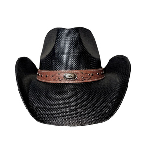 Solid Color Black Textured Straw <b>Western</b> <b>Hat</b> Breathable Summer <b>Hat</b> with Contrast Brown Leather Band - Product Image 4