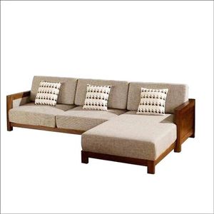 Sofá contemporáneo en forma de L de madera de teca con chaise longue, cojines de tela natural, muebles elegantes y minimalistas para sala de estar - Product Image 1