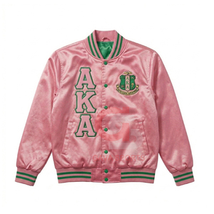 Chaqueta bomber universitaria de satén con parche bordado vintage, letras griegas, rosa y verde, estilo hermandad, corta, resistente al viento, para mujer, universitarias y HBCU - Product Image 1