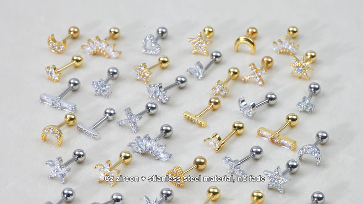 Stainless Steel Ear Bone Nails Copper Inlaid Zircon Top Screw Stud