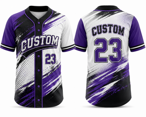 Maillot de baseball personnalisé pour homme, manches courtes, sublimé, anti-humidité, design dégradé violet, noir et blanc, 23 - Product Image 1