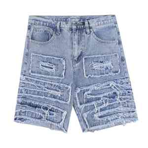 Shorts de mezclilla para hombre al por mayor, de alta calidad, transpirables, estilo urbano, con efecto lavado, desgastado y deshilachado, de corte holgado y cintura alta. - Product Image 1
