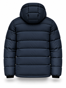 Blouson matelassé à capuche bleu marine pour homme, imperméable, séchage rapide, coupe-vent, décontracté, fermeture éclair frontale, logo, rembourrage en polyester, coupe régulière - Product Image 2