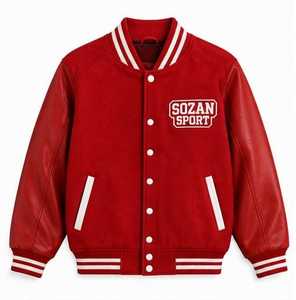 Chaqueta Varsity Acolchada Roja de PU Resistente al Viento para Hombre, Estilo Casual, Cuello Camisero, Cierre de Cremallera, Otoño, Corte Regular, Poliéster/Algodón - Product Image 1