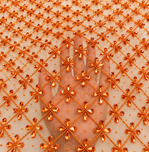 Tissu en dentelle filetée orange orné de pierres, brodé à la main, pour la confection de bijoux en gros - Product Image 1