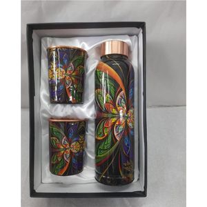 Ensemble de bouteilles d'eau en cuivre pur, vaisselle imprimée, bouteille ayurvédique anti-fuite avec 2 verres, emballage cadeau haut de gamme - Product Image 1