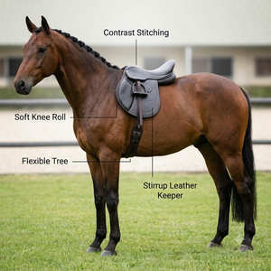Selle d'équitation anglaise polyvalente de haute qualité, design course, accents en plastique, quincaillerie en acier inoxydable, rembourrage en cuir, protection de genou ZEN - Product Image 3