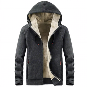 Sudadera con Capucha para Hombre, Forrada de Felpa, con Cierre, Color Sólido, Chaqueta Casual de Invierno, Corte Regular, Mezcla de Poliéster y Algodón - Product Image 1