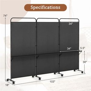 Cloison de bureau pliante à 3 panneaux avec roulettes verrouillables et 3 étagères métalliques noires - Product Image 3